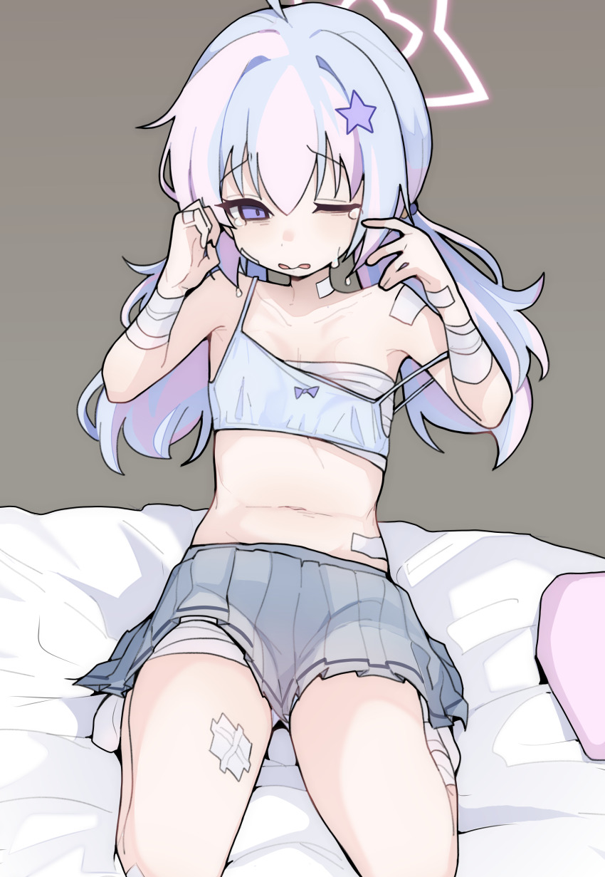 1girl absurdres bandages blue_archive hair_ornament halo highres multicolored_hair navel on_bed one_eye_closed pearlgang_e pink_hair purple_eyes purple_hair reisa_(blue_archive) simple_background skirt star_(symbol) star_hair_ornament tears underwear white_hair