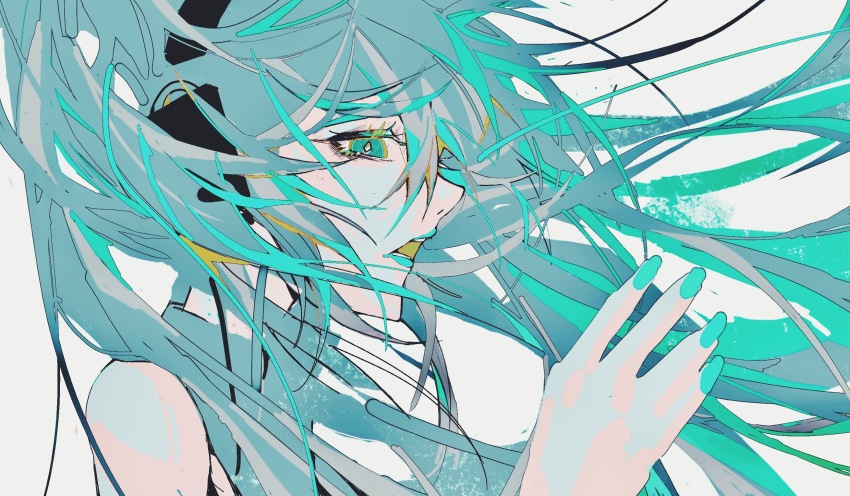 1girl aqua_eyes aqua_hair aqua_lips aqua_nails bare_shoulders black_headphones bright_pupils chinese_commentary collared_shirt colored_eyelashes colored_tongue commentary_request diamond-shaped_pupils diamond_(shape) floating_hair from_side green_tongue grey_shirt hand_up hatsune_miku highres lipstick long_hair looking_at_viewer makeup music nail_polish open_mouth point3q shirt singing sleeveless sleeveless_shirt solo symbol-shaped_pupils teeth twintails upper_body very_long_hair vocaloid white_background white_pupils