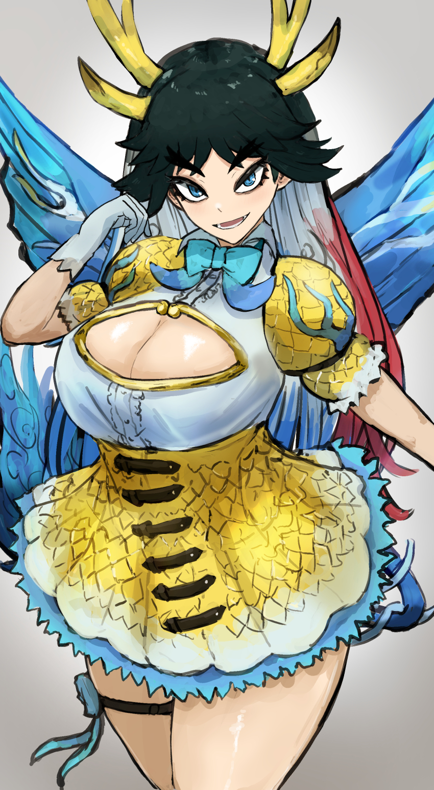 1girl absurdres adeshi_(adeshi0693119) belt black_hair blue_eyes blue_hair bow bowtie breasts cleavage cleavage_cutout clothing_cutout dress gloves grey_background highres horns kemono_friends kirin_(kemono_friends) large_breasts long_hair looking_at_viewer multicolored_hair red_hair simple_background smile solo tail white_hair wings