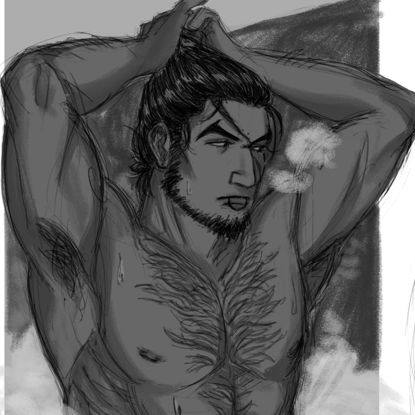 1boy abs adjusting_hair arm_hair arms_up bara beard chest_hair dark-skinned_male dark_skin facial_hair golden_kamuy hair_tie_in_mouth hairy highres large_pectorals long_sideburns male_focus mature_male mouth_hold muscular muscular_male nipples nude pectorals ponytail pyszvly rikimatsu_ariko scar scar_on_face short_hair sideburns solo steam stubble thick_eyebrows tying_hair upper_body