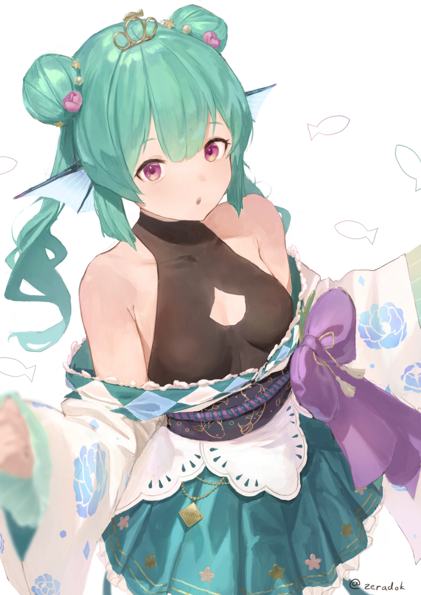 1girl artist_name bare_shoulders breasts cleavage_cutout clothing_cutout commentary double_bun english_commentary finana_ryugu fins fish_girl flower green_hair green_skirt hair_bun hair_flower hair_ornament head_fins highres japanese_clothes kimono long_hair looking_at_viewer nijisanji nijisanji_en official_alternate_costume purple_eyes simple_background skirt small_breasts solo tiara twintails twitter_username virtual_youtuber white_background white_kimono zeradok