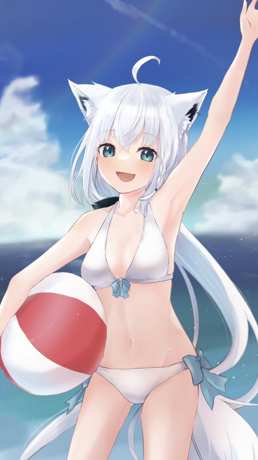 1girl ahoge animal_ear_fluff animal_ears arm_up ball bikini blurry blurry_background blush braid breasts cloud cloudy_sky commentary_request day earrings fox_ears fox_girl fox_tail green_eyes hair_between_eyes highres holding holding_ball hololive jewelry looking_at_viewer ocean open_mouth outdoors sakunotoon shirakami_fubuki sidelocks single_braid sky small_breasts smile solo swimsuit tail virtual_youtuber white_bikini white_hair