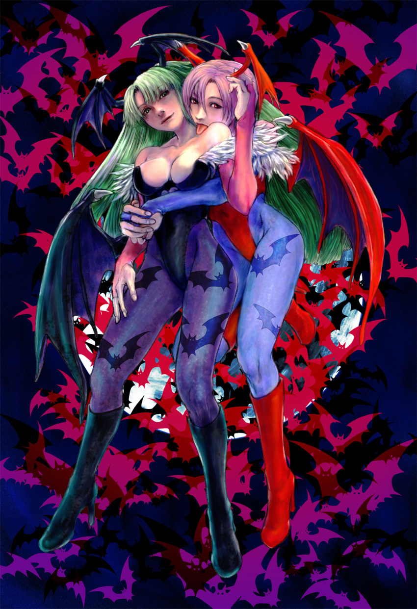 2girls animal_print bare_shoulders bat_print bat_wings boots breasts bridal_gauntlets capcom cleavage demon_girl elbow_gloves fingerless_gloves gloves green_eyes green_hair head_wings highres inomoto_hiro large_breasts leotard licking lilith_(darkstalkers) long_hair morrigan_aensland multiple_girls pantyhose print_legwear purple_hair red_eyes short_hair demon_girl tongue darkstalkers wings yuri