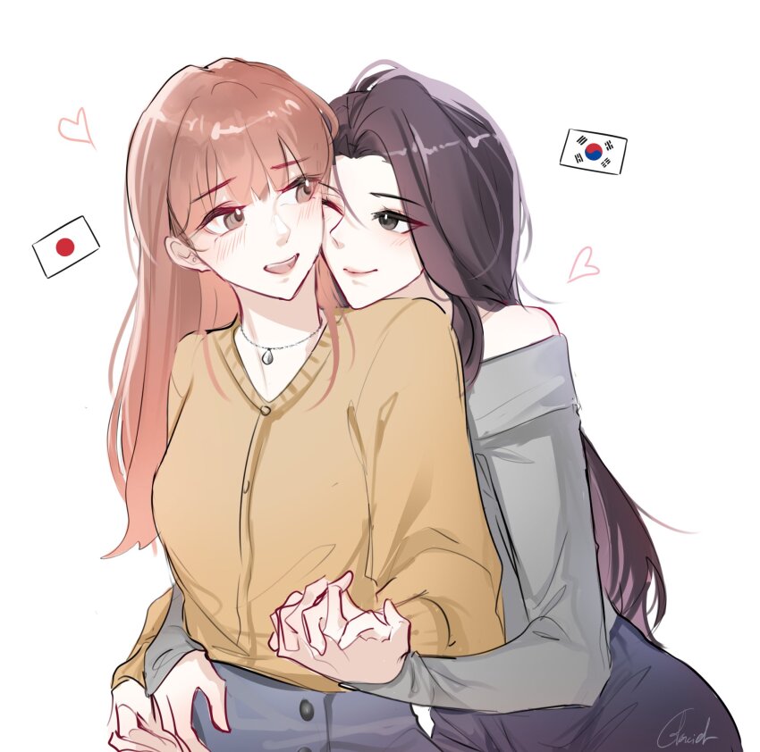 2girls bare_shoulders black_eyes black_hair blush brown_cardigan brown_hair cardigan closed_mouth commentary english_commentary glaciel grey_shirt hand_on_another&#039;s_waist highres holding_hands interlocked_fingers japan-korea_yuri_(meme) japanese_flag jewelry long_hair looking_at_another meme multiple_girls necklace off-shoulder_shirt off_shoulder one_eye_closed open_mouth original shirt simple_background smile south_korean_flag white_background yuri