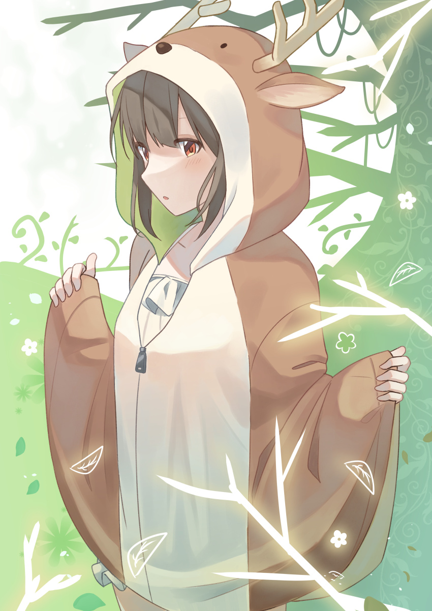 1girl absurdres animal_ears antlers black_hair blush cloak collarbone cowboy_shot deer_antlers deer_ears deer_hood fake_animal_ears fake_antlers frills hands_up highres hood hood_up hooded_cloak horns original parted_lips red_eyes ryoku_sui solo standing tree white_cloak