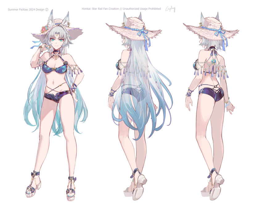 1girl alternate_costume animal_ears aqua_nails bare_shoulders bikini blue_ribbon breasts character_sheet cleavage closed_mouth commentary csyday ears_through_headwear english_commentary feixiao_(honkai:_star_rail) flip-flops forehead_jewel fox_ears fox_girl full_body gradient_hair green_eyes green_hair hand_on_own_hip hand_up hat hat_ornament hat_ribbon honkai:_star_rail honkai_(series) large_breasts long_hair looking_at_viewer mixed-language_commentary multicolored_hair multiple_views nail_polish navel parted_bangs purple_bikini purple_sarong ribbon sandals sarong see-through_clothes see-through_sarong sidelocks signature simple_background smile standing stomach straw_hat swimsuit turnaround very_long_hair white_background white_hair wolf_girl