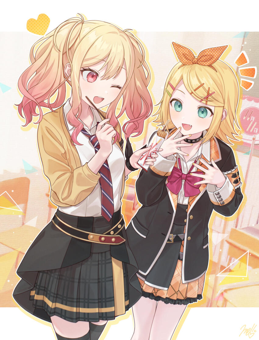 2girls :d absurdres belt blazer blonde_hair blue_eyes blush bow bowtie buttoned_cuffs buttons classroom collared_shirt fang flipped_hair food frilled_skirt frills gradient_hair hair_bow hair_ornament hairband hairclip hand_on_own_chest heart highres holding holding_food holding_pocky jacket kagamine_rin layered_skirt leo/need_rin long_hair long_sleeves looking_at_another loose_bowtie multicolored_hair multiple_girls nail_polish necktie one_eye_closed open_clothes open_jacket open_mouth parted_bangs pink_hair plaid_clothes plaid_skirt pleated_skirt pocky project_sekai school_uniform shirt shirt_tucked_in skirt sleeve_cuffs smile striped_necktie studded_choker tenma_saki thighhighs twintails vocaloid vs0mr wrapper