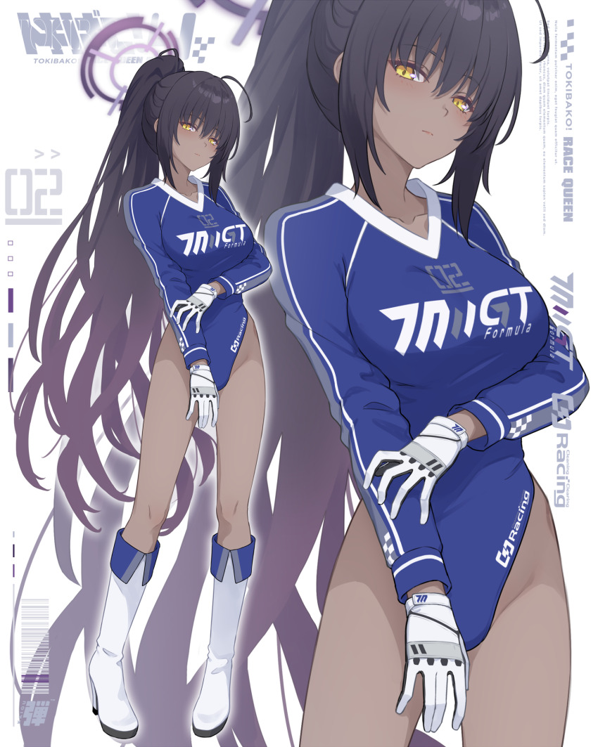 1girl alternate_costume black_hair blue_archive blue_leotard boots closed_mouth dan_(kumadan) dark-skinned_female dark_skin full_body gloves halo hand_on_own_arm highleg highres karin_(blue_archive) leotard long_hair long_sleeves looking_at_viewer multiple_views ponytail purple_halo race_queen revision standing very_long_hair white_footwear white_gloves yellow_eyes