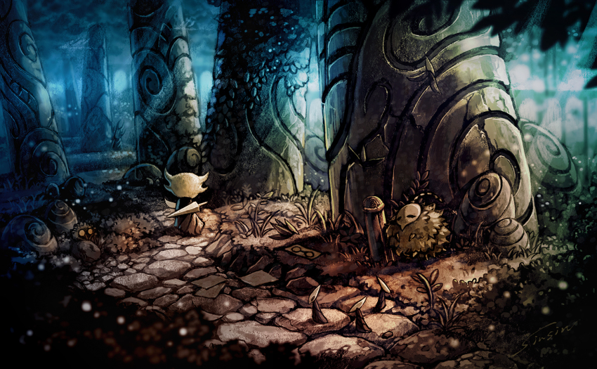 6+others aluba_(hollow_knight) bug cape character_request closed_eyes cobblestone from_behind grass greenpath_vessel_(hollow_knight) hollow_knight horns leaf light_beam mamoru_mikokoro map maskfly_(hollow_knight) mosscreep_(hollow_knight) multiple_others nail_(hollow_knight) pillar plant scenery signature sitting standing sword weapon