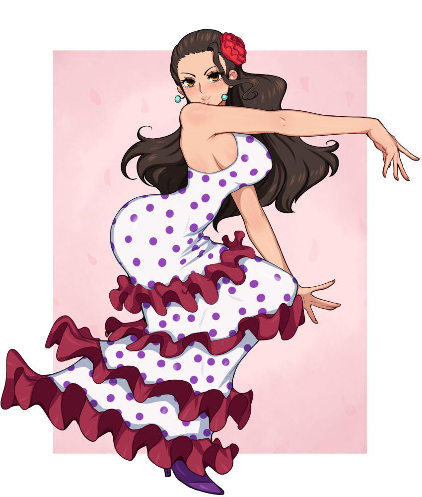 1girl absurdres afrobull ass ass_focus breasts brown_hair dancing dress dressrosa earrings female_focus flamenco flamenco_dress flower highres jewelry large_breasts lips long_hair one_piece polka_dot polka_dot_dress rose sideboob simple_background solo viola_(one_piece)