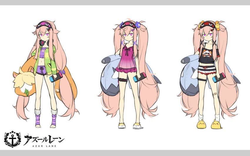 1girl absurdres azur_lane black_shirt green_hoodie highres hood hoodie long_hair midriff multiple_views nightgown nintendo_switch off-shoulder_shirt off_shoulder official_alternate_costume official_art purple_eyes purple_nightgown shirt short_sleeves simple_background sketch socks suika01 twintails very_long_hair white_background white_legwear z26_(azur_lane) zipper