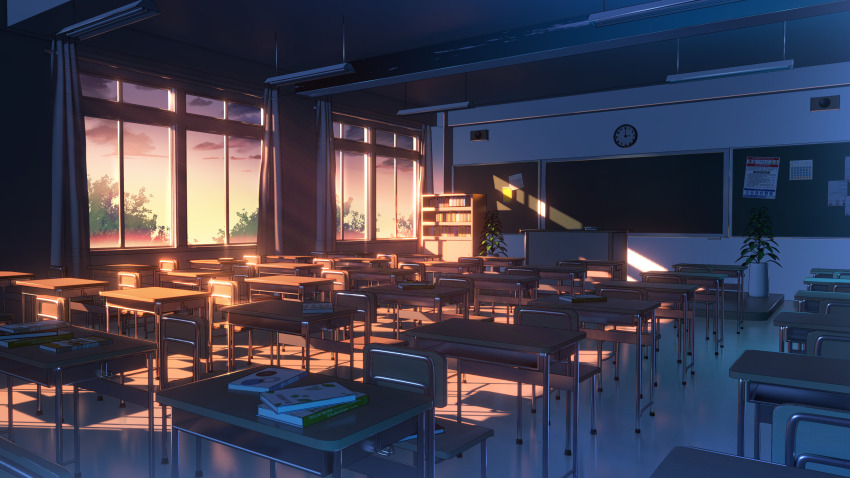 absurdres book bookshelf calendar_(object) chair chalkboard classroom clock cloud curtains dark desk highres indoors no_humans original roomscape sanyuejiuri scenery school_desk shadow sky sunlight sunset textbook tree window