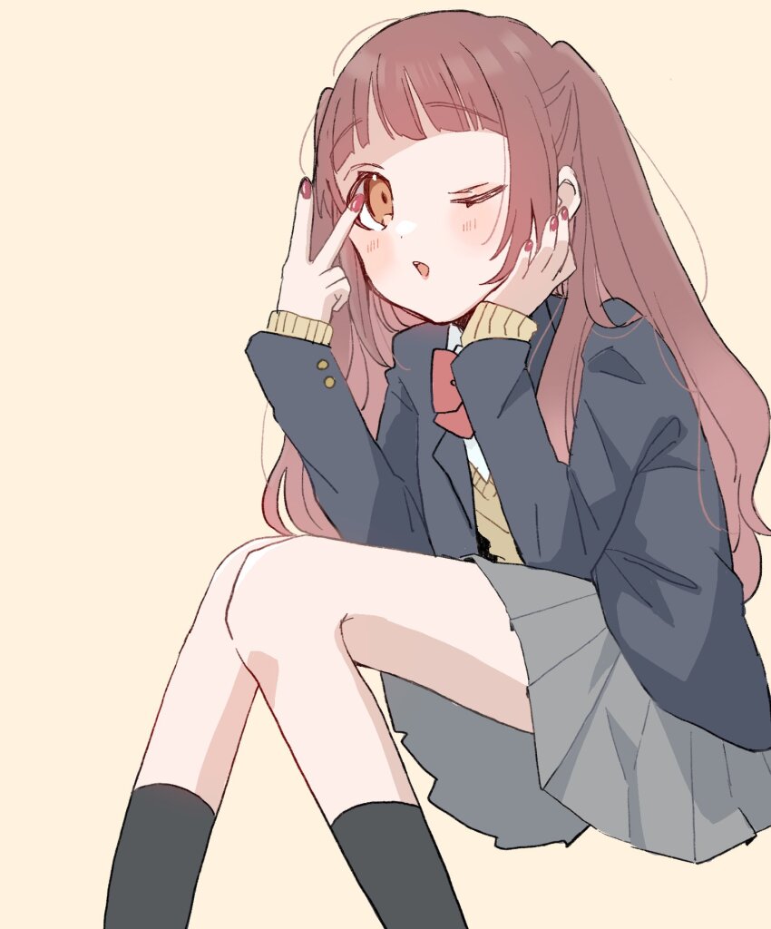 1girl :o alternate_hairstyle black_jacket black_socks blazer blunt_bangs blush bow bowtie brown_background brown_hair brown_sweater collar collared_shirt dot_nose foot_out_of_frame grey_skirt gyaru_v hair_over_shoulder hand_on_own_cheek hand_on_own_face head_rest highres htnmanpp idolmaster idolmaster_million_live! idolmaster_million_live!_theater_days jacket long_hair long_sleeves looking_at_viewer matsuda_arisa miniskirt one_eye_closed open_clothes open_jacket open_mouth pink_nails pleated_skirt red_bow red_bowtie school_uniform shirt sidelocks simple_background sitting skirt socks solo sweater teeth two_side_up upper_teeth_only v white_collar white_shirt