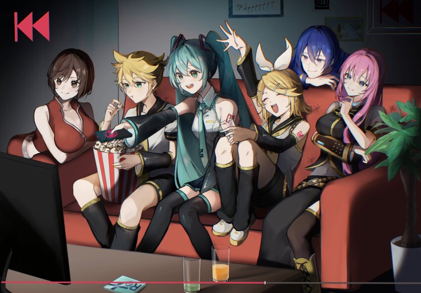 2boys 4girls blonde_hair blue_eyes blue_hair breasts brown_hair controller couch detached_sleeves food full_body happy hatsune_miku highres juice kagamine_len kagamine_rin kaito_(vocaloid) large_breasts long_hair looking_to_the_side medium_breasts megurine_luka meiko_(vocaloid) multiple_boys multiple_girls on_couch open_mouth picture_frame pink_hair plant popcorn potted_plant remote_control short_hair sitting sleeveless television tree twintails vocaloid watch yukihira_makoto
