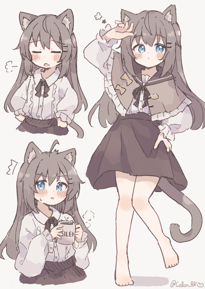 1girl absurdres animal_ear_fluff animal_ears arm_up bare_legs barefoot biachan_(colon_br) black_ribbon black_skirt blue_eyes blush brown_capelet brown_hair brown_neckerchief buttons capelet cat_ears cat_girl cat_tail closed_eyes collared_shirt colon_br commentary_request cropped_torso cup drink duplicate facing_viewer flower_symbol frilled_shirt frilled_sleeves frills full_body hair_ornament hairclip hand_on_own_hip hands_on_own_hips highres holding holding_cup holding_drink knee_blush legs_apart long_hair long_sleeves looking_to_the_side mug multiple_views neck_ribbon neckerchief original pixel-perfect_duplicate pleated_skirt ribbon shirt shirt_tucked_in simple_background skirt standing standing_on_one_leg tail upper_body white_background white_shirt