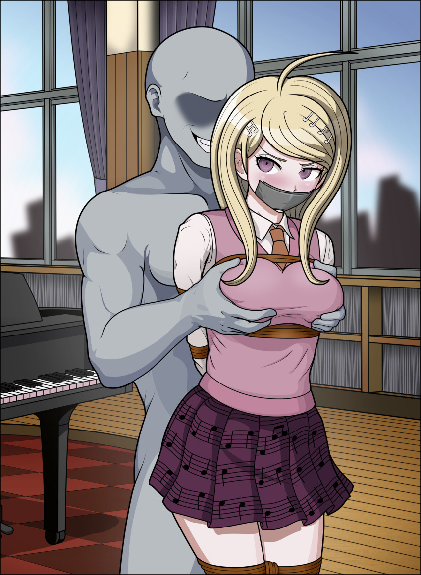 1boy 1girl absurdres ahoge akamatsu_kaede arms_behind_back bdsm blonde_hair bondage bound bound_legs breasts collared_shirt danganronpa:_trigger_happy_havoc danganronpa_(series) faceless faceless_male fortissimo gag grabbing_another&#039;s_breast grabbing_from_behind groping hair_ornament highres improvised_gag indoors instrument just_some_guy large_breasts long_hair musical_note musical_note_hair_ornament musical_note_print necktie orange_necktie piano pink_sweater_vest purple_eyes purple_skirt rope shibari shirt skirt standing sweater_vest tape tape_gag white_shirt window