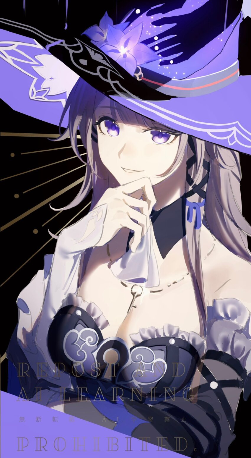 1girl choker e_miya flower grey_hair hat hat_flower herta_(honkai:_star_rail) highres honkai:_star_rail honkai_(series) jewelry key key_choker key_necklace necklace official_alternate_design pointy_hat purple_eyes purple_flower purple_hat smile solo the_herta_(honkai:_star_rail) upper_body witch_hat