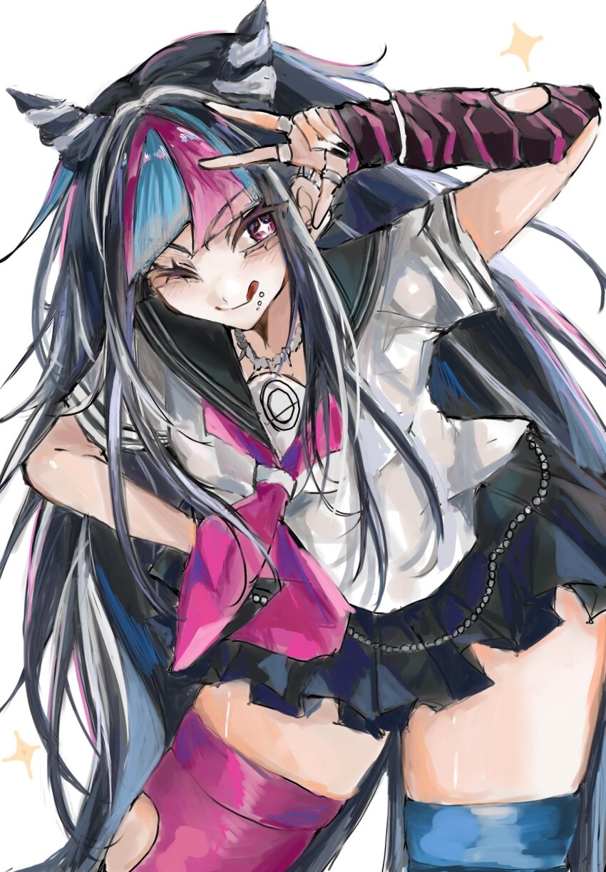 1girl ;q black_hair black_sailor_collar black_skirt blush danganronpa_(series) danganronpa_2:_goodbye_despair detached_sleeves green_thighhighs hair_horns highres jewelry miniskirt mioda_ibuki mismatched_thighhighs mouth_piercing multicolored_hair neckerchief one_eye_closed pi_no_(qqy6xxf8zxmbvyy) pink_eyes pink_hair pink_neckerchief pink_thighhighs pleated_skirt ring sailor_collar simple_background skirt solo sparkle thighhighs tongue tongue_out w white_background white_hair