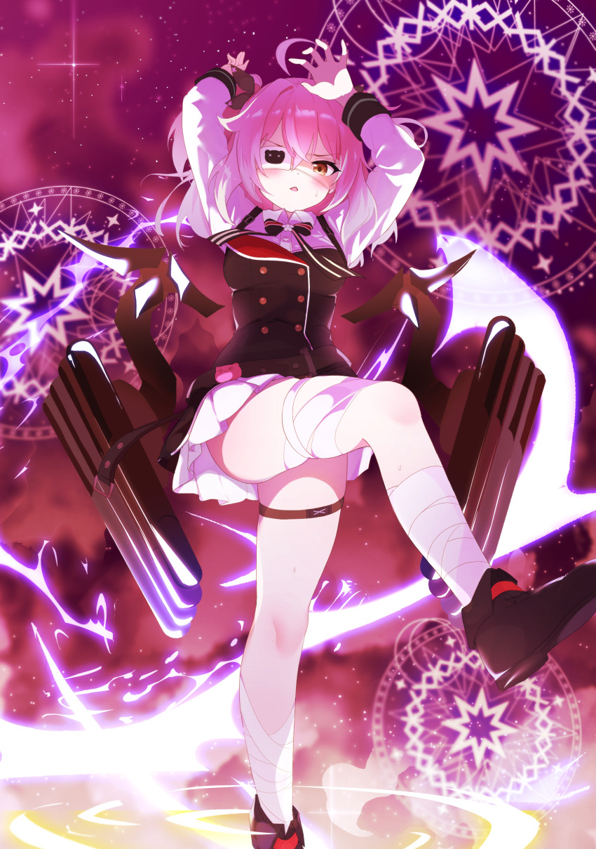 1girl :o absurdres arms_up azur_lane bandaged_leg bandages blush breasts buttons chuunibyou collared_shirt commentary_request double-breasted eyepatch from_below full_body hair_between_eyes highres leg_up legs long_hair long_sleeves looking_at_viewer looking_down magic_circle medium_breasts miniskirt orange_eyes pink_hair pleated_skirt rigging shirt skindentation skirt solo standing standing_on_one_leg suwakana thigh_strap thighs torpedo_launcher upskirt white_skirt yellow_eyes z43_(azur_lane)