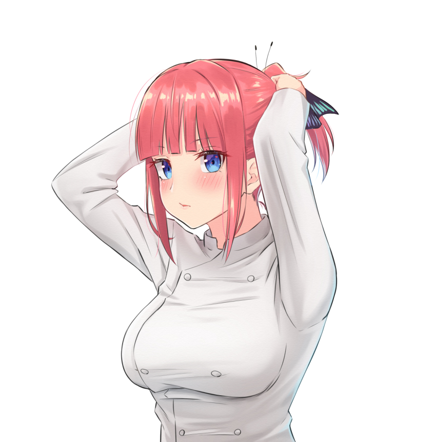 1girl black_ribbon blue_eyes blunt_bangs breasts chef go-toubun_no_hanayome highres hofumaso large_breasts medium_hair nakano_nino pink_hair ponytail putting_on_headwear ribbon simple_background white_background