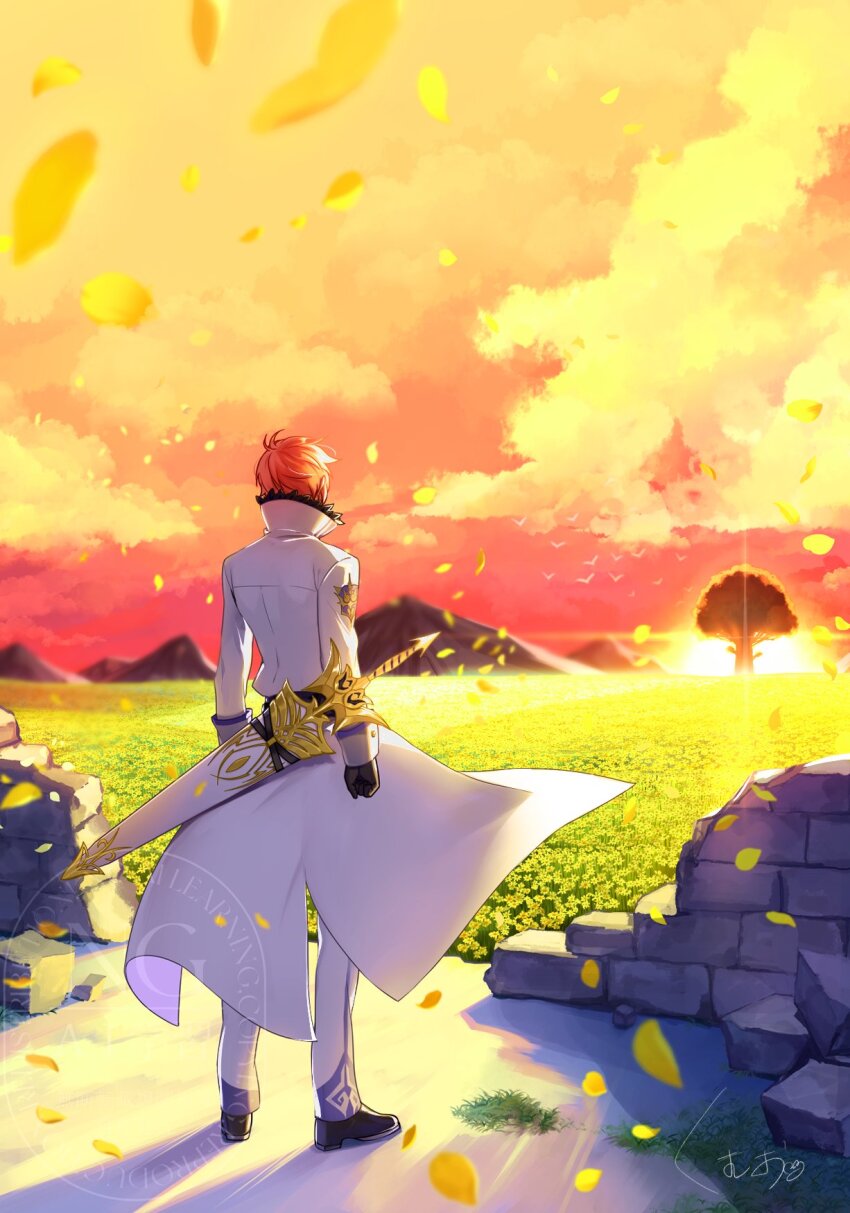 1boy black_footwear black_gloves blurry blurry_background broken_wall clenched_hand cloud coat commentary_request falling_petals field flower flower_field from_behind gloves grass high_collar highres kumuo_(mirakurufusao) male_focus mountainous_horizon outdoors pants petals re:zero_kara_hajimeru_isekai_seikatsu red_hair reinhard_van_astrea scenery sky solo standing sun sunset sword sword_behind_back tree waist_cape weapon white_coat white_pants