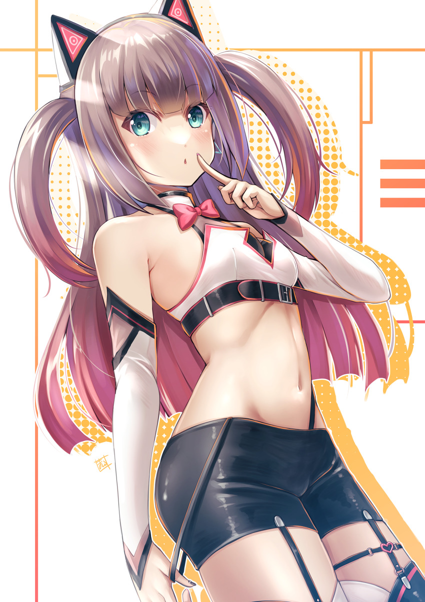 1girl absurdres animal_ears belt black_belt bow bowtie crop_top earrings fake_animal_ears fingernails highleg highleg_panties highres hololive jewelry kamishiro_mai_(capti-no) long_hair midriff natsuiro_matsuri natsuiro_matsuri_(re:start) navel official_alternate_costume panties shorts strap_pull thigh_strap underwear virtual_youtuber white_sleeves