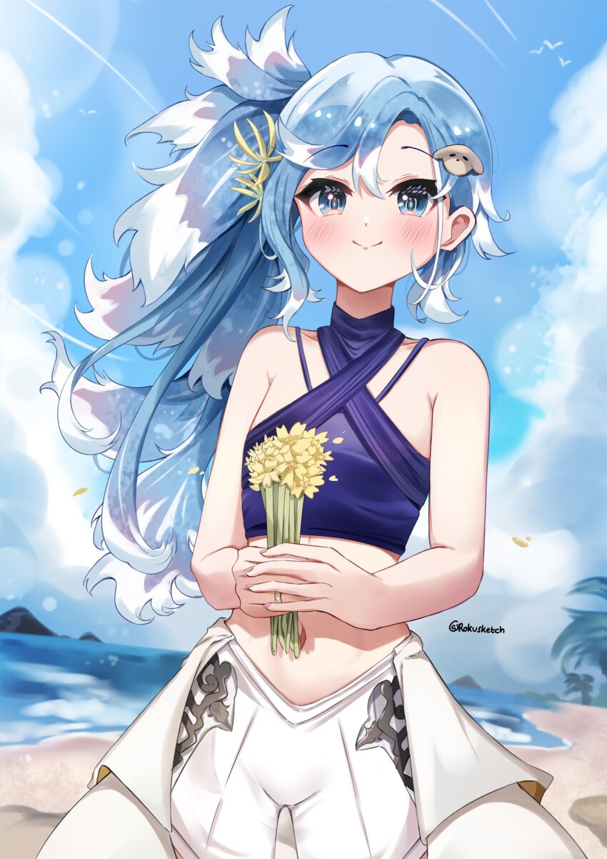 1girl absurdres bare_shoulders beach blue_eyes blue_hair flower hair_flower hair_ornament highres hololive hololive_indonesia kobo_kanaeru long_hair looking_at_viewer multicolored_hair rokusketch side_ponytail smile solo two-tone_hair virtual_youtuber water white_hair