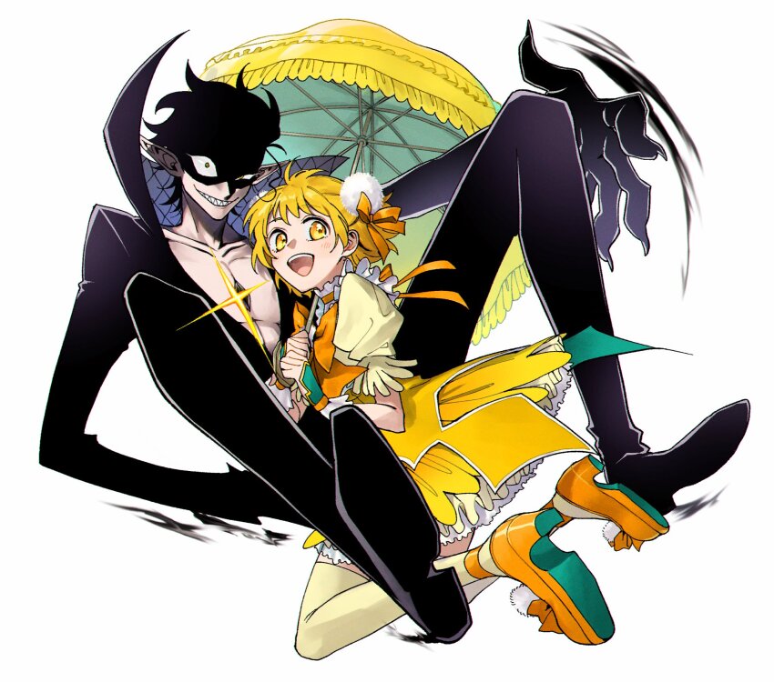 1boy 1girl 62kaeru abs black_footwear black_hair black_pants blonde_hair bow bowtie collared_shirt dandelion darkness flower frilled_skirt frills highres holding holding_umbrella kneehighs magical_girl mahou_shoujo_dandelion official_art orange_bow orange_bowtie pants parasol puffy_short_sleeves puffy_sleeves shade_(magical_girl_dandelion) shaded_face sharp_teeth shirt short_hair short_sleeves skirt smile socks tanpopo_ohanami teeth umbrella yellow_eyes yellow_skirt