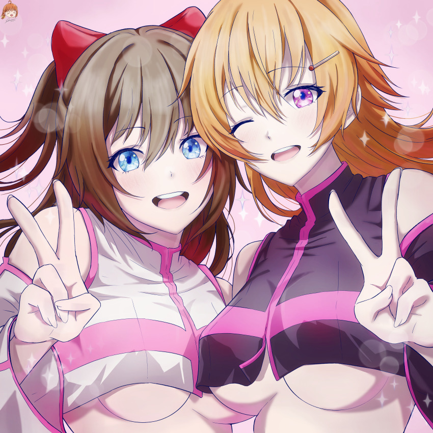 2.5_jigen_no_ririsa 2girls absurdres blue_eyes breasts brown_hair cosplay highres konoe_kanata liliel_(2.5_jigen_no_ririsa)_(cosplay) long_hair love_live! love_live!_nijigasaki_high_school_idol_club multiple_girls open_mouth osaka_shizuku peace_symbol purple_eyes ren0080 smile underboob