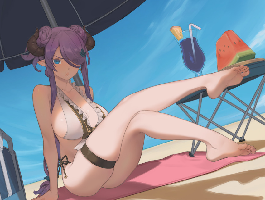 1girl absurdres barefoot beach cocktail_glass cup drinking_glass feet food fruit granblue_fantasy hair_over_one_eye highres horns long_hair looking_at_viewer narmaya_(granblue_fantasy) parasol purple_hair snorkel14 soles swimsuit toes umbrella watermelon yellow_eyes