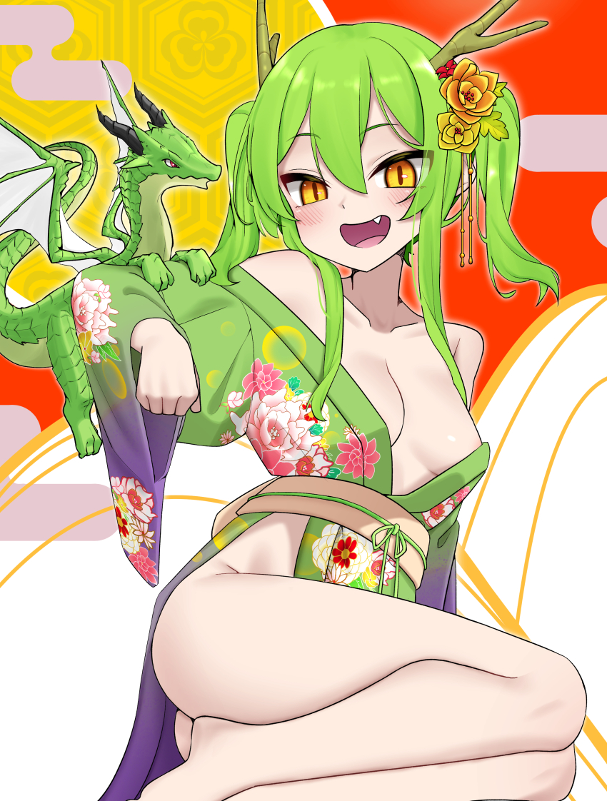 1girl absurdres animal_ears ass breasts chinese_zodiac commentary_request dragon dragon_ears dragon_girl egasumi fang floral_print flower green_hair green_kimono hair_between_eyes hair_flower hair_ornament highres horns japanese_clothes kimono long_hair looking_at_viewer medium_breasts multicolored_background oishi_kuwagata open_mouth original print_kimono red_eyes sitting slit_pupils smile thighs twintails western_dragon year_of_the_dragon yellow_eyes