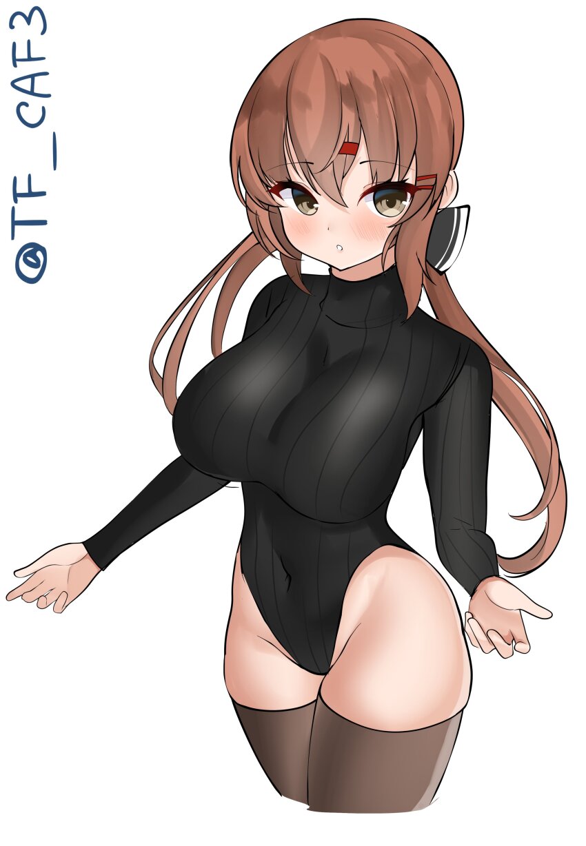 1girl absurdres alternate_costume black_leotard blush breasts brown_eyes brown_hair brown_thighhighs hair_between_eyes hair_ornament hairclip highres kantai_collection large_breasts leotard long_hair long_sleeves low_twintails ribbed_leotard simple_background solo tashkent_(kancolle) tf_cafe thighhighs turtleneck twintails twitter_username white_background