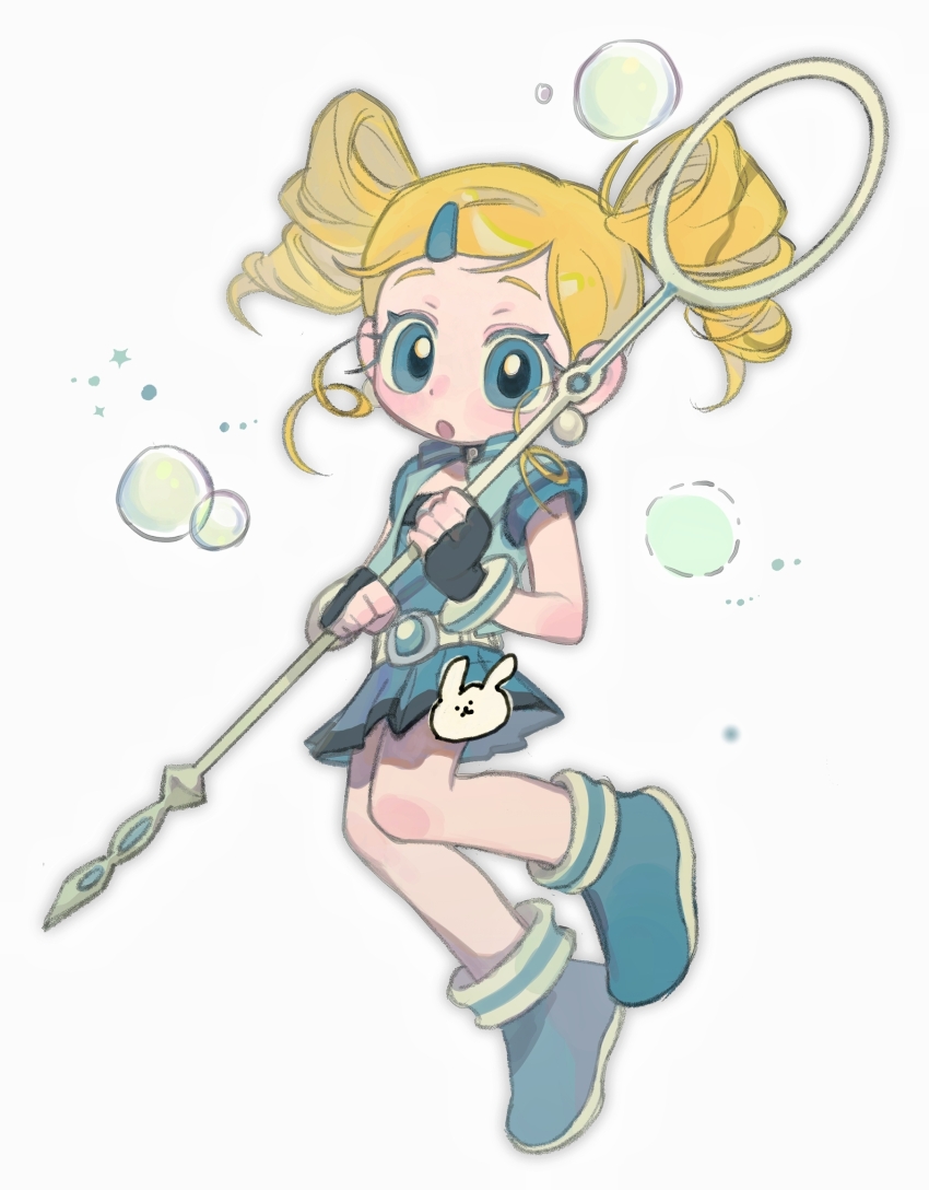 1girl :o belt blonde_hair blue_eyes blush boots bubble_wand drill_hair fingerless_gloves full_body gloves goutokuji_miyako hair_ornament highres holding open_clothes open_vest powerpuff_girls_z rolling_bubbles shirt short_sleeves simple_background solo twin_drills vest white_background ya15217084