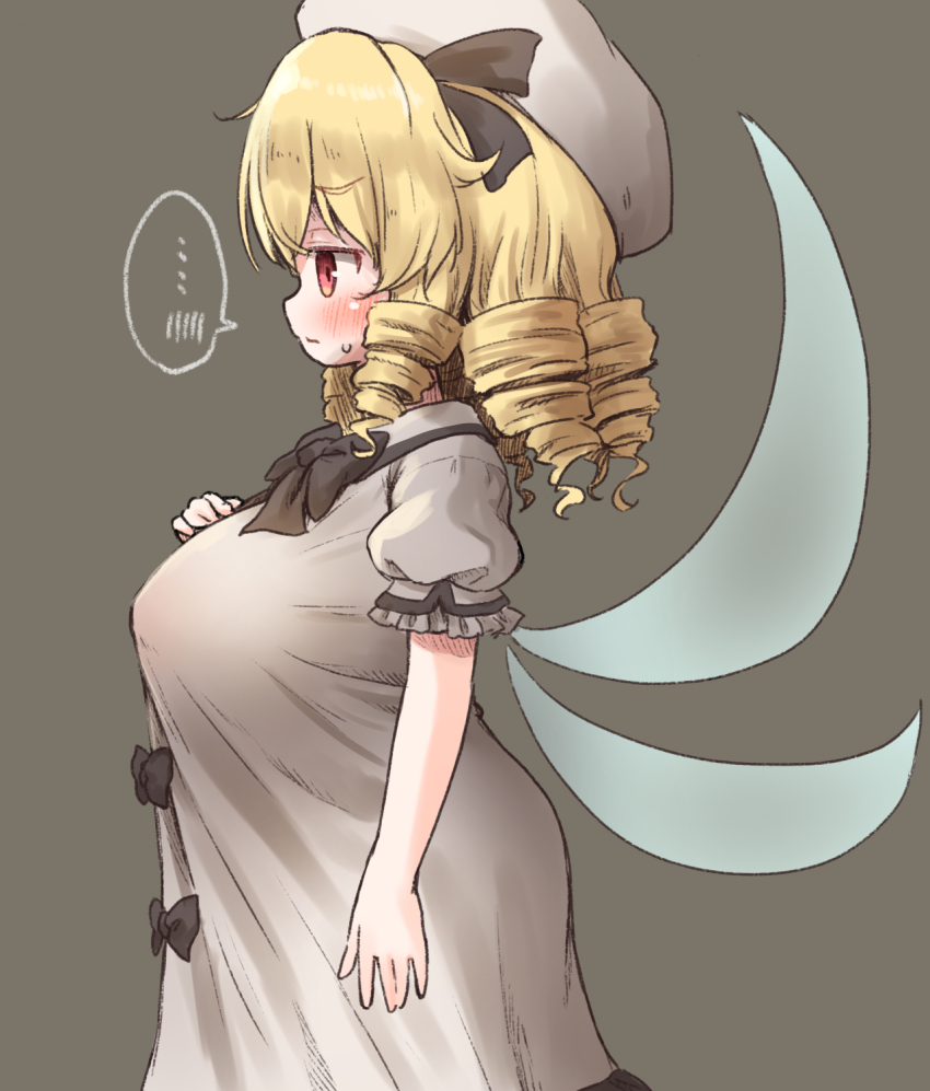 ... 1girl arinu beret black_bow black_bowtie blonde_hair blush bow bowtie breasts commentary_request covered_erect_nipples dress drill_hair fairy_wings grey_dress grey_hat hat highres large_breasts long_hair looking_ahead luna_child oppai_loli profile puffy_short_sleeves puffy_sleeves short_sleeves simple_background solo spoken_blush spoken_ellipsis sweatdrop touhou wings