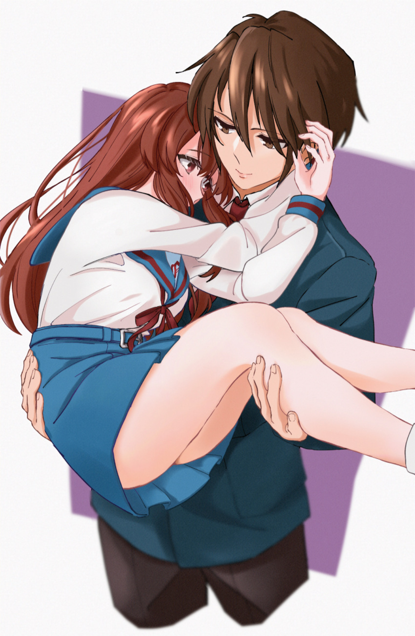 1boy 1girl 621_joker_123 asahina_mikuru blazer blue_sailor_collar blue_skirt brown_eyes brown_hair brown_pants carrying collared_shirt commentary_request green_jacket highres jacket kita_high_school_uniform koizumi_itsuki long_hair long_sleeves necktie pants pleated_skirt princess_carry red_necktie red_ribbon ribbon sailor_collar school_uniform serafuku shirt short_hair simple_background skirt suzumiya_haruhi_no_yuuutsu white_background white_shirt winter_uniform