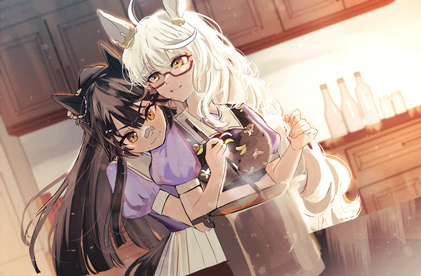 2girls absurdres affectionate animal_ears apron banana_print bandaid bandaid_on_face bandaid_on_nose biwa_hayahide_(umamusume) black_hair commentary_request cooking cooking_pot dutch_angle front-to-back glasses heads_together highres holding holding_ladle horse_ears horse_girl hug hug_from_behind indoors kawamura00 kitchen ladle long_hair multiple_girls narita_brian_(umamusume) ponytail puffy_short_sleeves puffy_sleeves purple_shirt sailor_collar sailor_shirt school_uniform shirt short_sleeves siblings sisters smile summer_uniform tracen_school_uniform umamusume very_long_hair wavy_hair white_hair