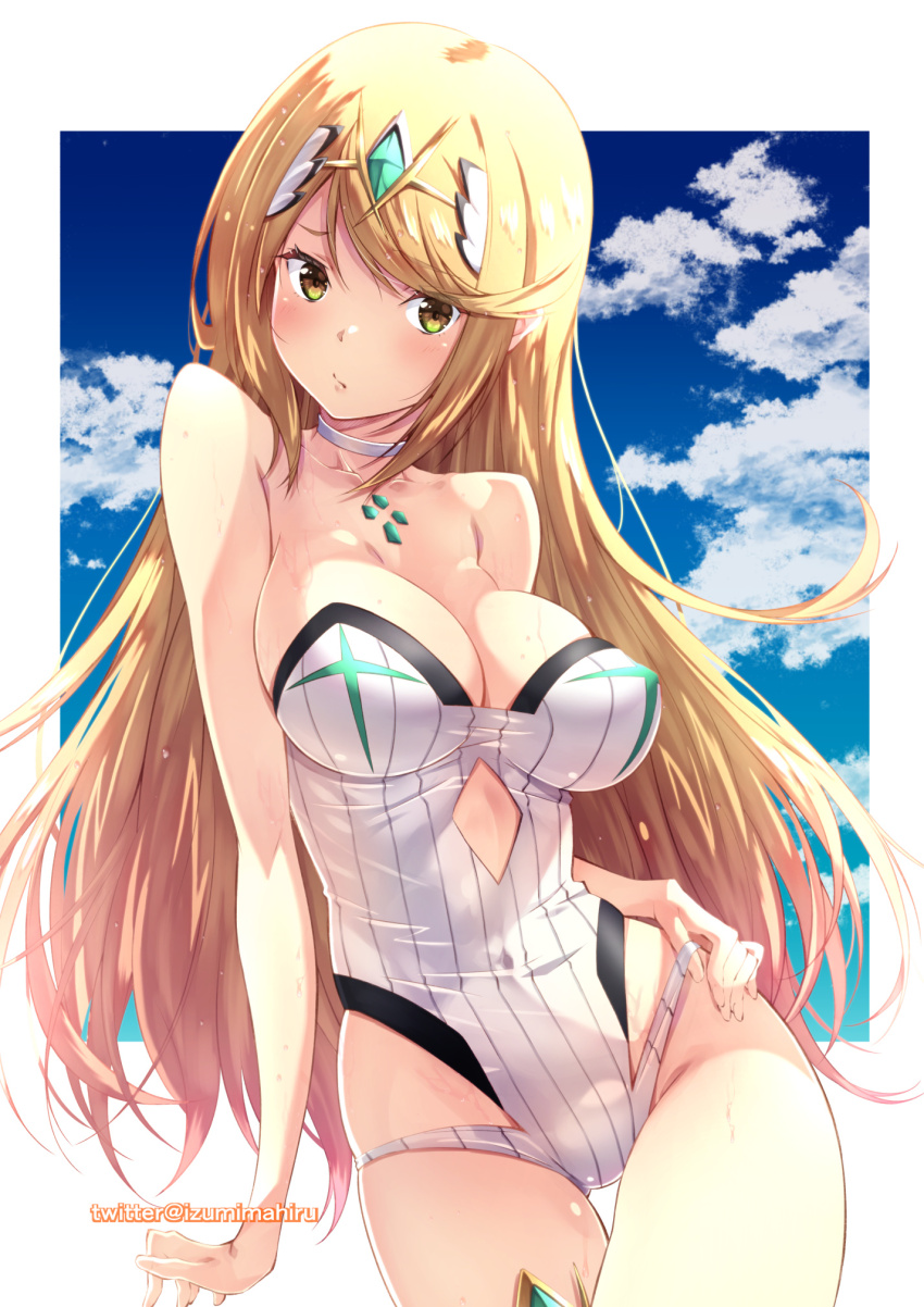 1girl blonde_hair blue_sky blush breasts choker cleavage cloud commentary_request headpiece highres izumi_mahiru large_breasts long_hair looking_at_viewer mythra_(radiant_beach)_(xenoblade) mythra_(xenoblade) one-piece_swimsuit sky solo strapless strapless_one-piece_swimsuit swimsuit thigh_gap white_one-piece_swimsuit xenoblade_chronicles_(series) xenoblade_chronicles_2 yellow_eyes