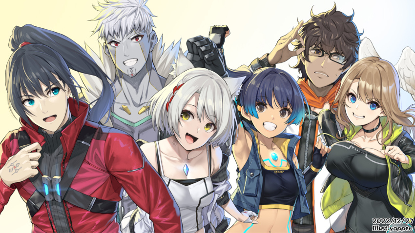 3boys 3girls artist_name black_hair brown_hair camisole chest_jewel colored_skin commentary_request crop_top dark-skinned_male dark_skin dated eunie_(xenoblade) fiery_hair glasses green_hoodie grey_hair grey_skin head_wings hood hoodie jacket lanz_(xenoblade) mio_(xenoblade) mixed-language_commentary multiple_boys multiple_girls noah_(xenoblade) sena_(xenoblade) side_ponytail smile taion_(xenoblade) tank_top upper_body white_camisole white_tank_top white_wings wings xenoblade_chronicles_(series) xenoblade_chronicles_3 yappen