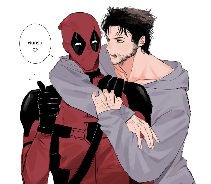 2boys adorablecat7 animification arm_around_neck bodysuit brown_hair commentary deadpool deadpool_(series) english_commentary facial_hair gloves green_eyes heart highres hood hood_down hug long_sleeves looking_at_another male_focus marvel multiple_boys open_mouth red_bodysuit red_mask short_hair simple_background speech_bubble superhero_costume teeth thumbs_up translation_request white_background wolverine_(x-men) x-men x-men_(2000) x-men_film_series yaoi