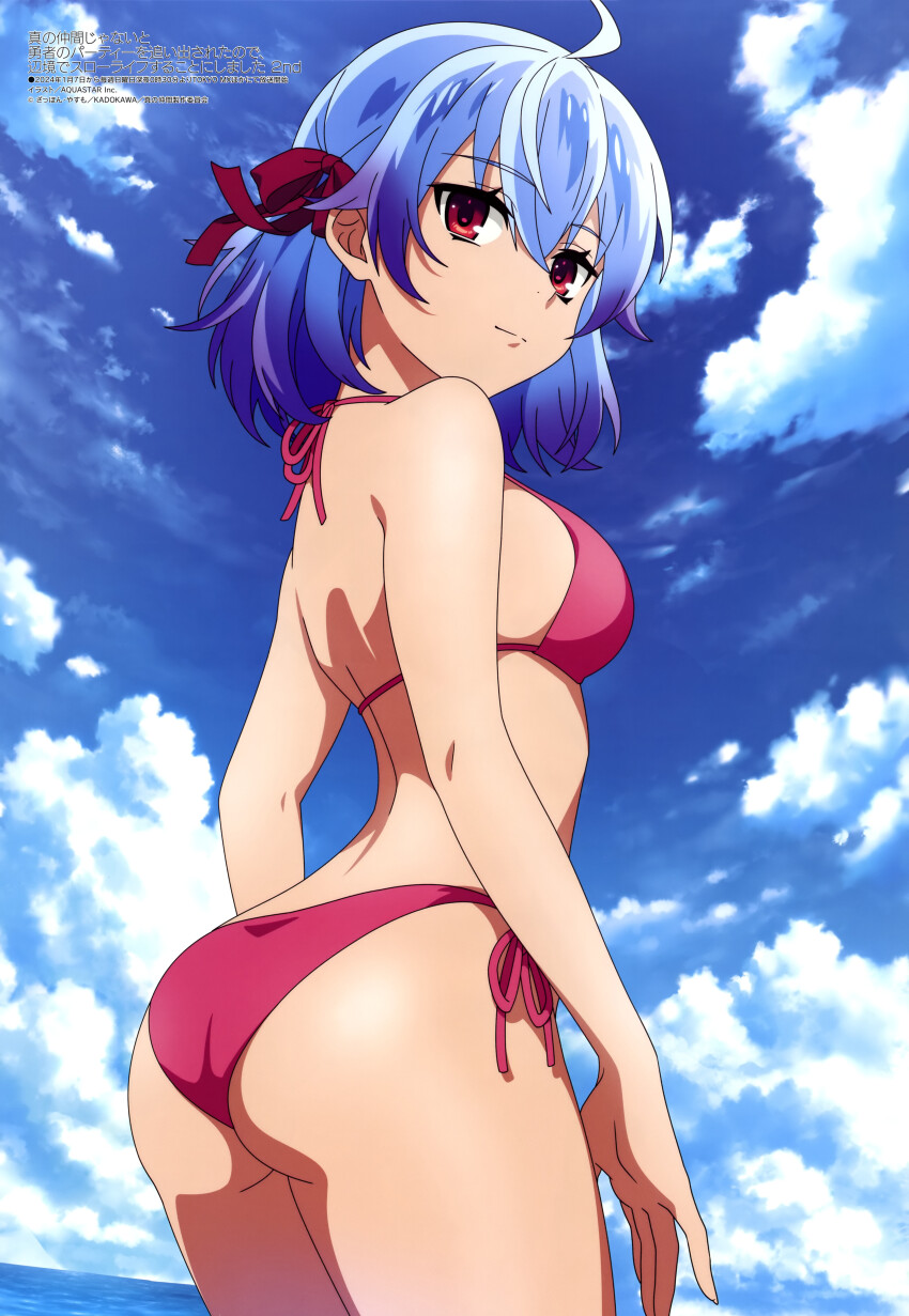 1girl absurdres ahoge ass back bikini blue_hair blue_sky breasts hair_between_eyes hair_ribbon highres looking_at_viewer magazine_scan medium_breasts megami_magazine official_art outdoors pink_bikini red_eyes red_ribbon ribbon ruti_ragnason scan shin_no_nakama_janai_to_yuusha_no_party_wo_oidasareta_no_de_henkyou_de_slow_life_suru_koto_ni_shimashita short_hair side-tie_bikini_bottom sideboob sky swimsuit thighs