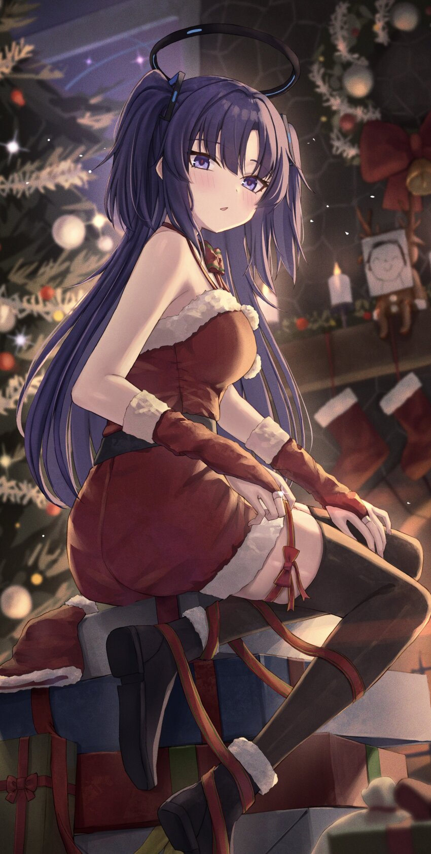 1girl absurdres black_halo blue_archive blurry blurry_background bow bowtie doodle_sensei_(blue_archive) dress hair_ornament halo hat highres huran_tea indoors mechanical_halo purple_eyes purple_hair red_bow red_bowtie red_pupils red_ribbon ribbon santa_costume santa_dress santa_hat sensei_(blue_archive) solo triangle_hair_ornament yuuka_(blue_archive)