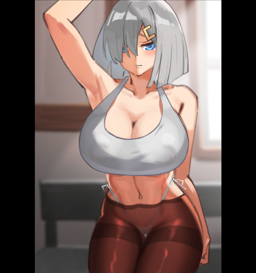 1girl arm_up bare_arms bare_shoulders black_border blue_eyes blunt_ends blurry blurry_background blush border breasts brown_pantyhose cleavage closed_mouth collarbone commentary_request cowboy_shot grey_hair hair_over_one_eye hamakaze_(kancolle) highleg highleg_panties highres huge_breasts indoors kantai_collection midriff navel panties panties_under_pantyhose pantyhose partial_commentary pillarboxed short_hair side-tie_panties simplecar solo sports_bra standing thighband_pantyhose underwear white_panties white_sports_bra