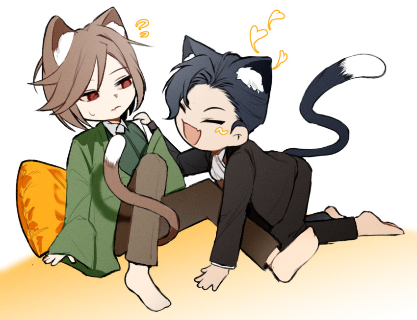 2boys all_fours animal_ear_fluff animal_ears ascot barefoot black_hair black_jacket black_pants blush_stickers brown_hair brown_pants brown_shirt cat_boy cat_ears cat_tail closed_eyes closed_mouth collared_shirt commentary_request deformed fang fang_out film_grain green_jacket harada_mutei heart jacket kemonomimi_mode korean_commentary long_sleeves male_focus multiple_boys open_clothes open_jacket open_mouth pants pillow plus_omega_a red_eyes saibou_shinkyoku shirt short_hair sitting skin_fang sleeves_past_wrists smile sweat swept_bangs tail utsugi_rangiri white_ascot white_shirt