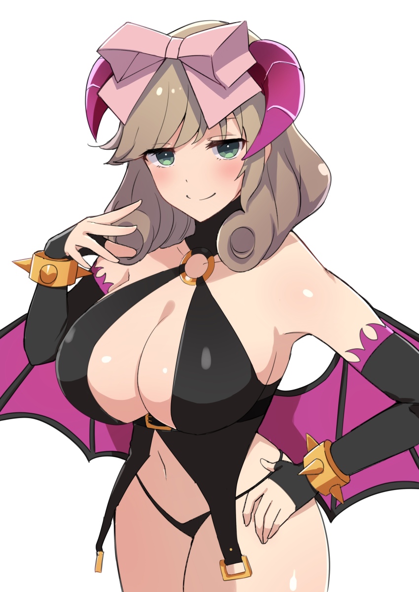 1girl absurdres armpits black_panties blonde_hair blush bow bracelet breasts closed_mouth cowboy_shot demon_horns demon_wings green_eyes hair_bow hair_tubes halloween halloween_costume hand_on_own_hip haruka_(senran_kagura) highres horns jewelry large_breasts lemonrou looking_at_viewer medium_hair o-ring o-ring_top panties pink_bow senran_kagura simple_background smile solo spiked_bracelet spikes swept_bangs underwear wings