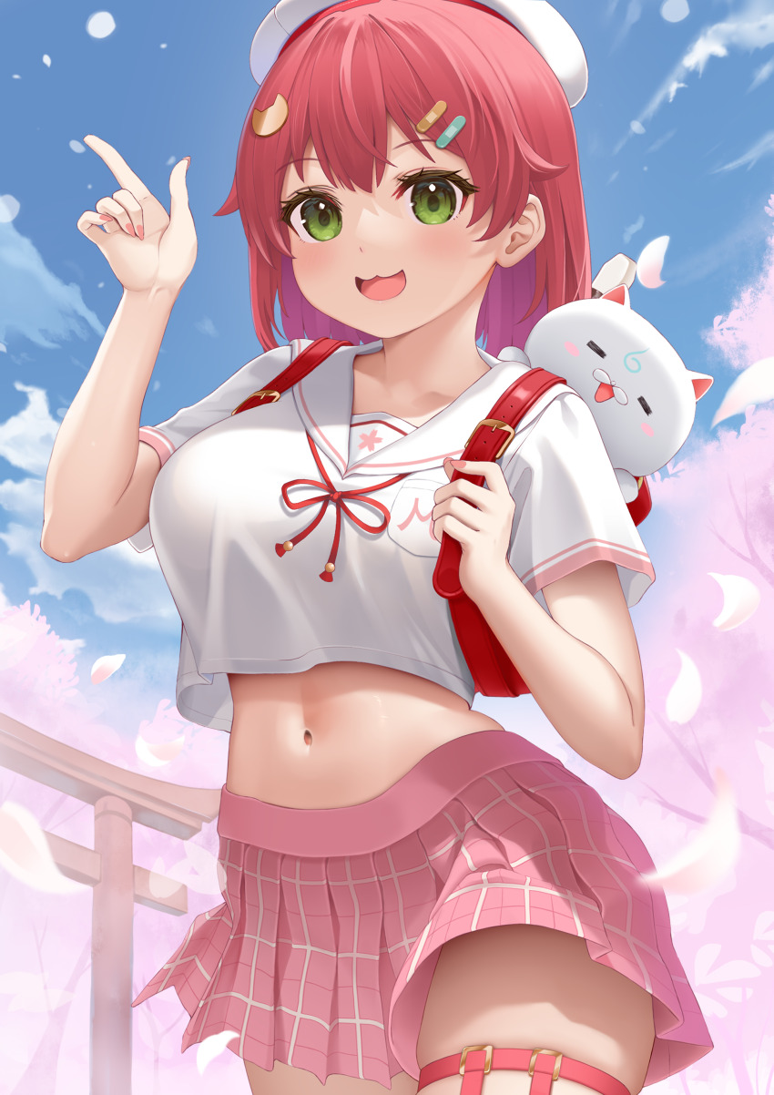 1girl 35p_(sakura_miko) :3 absurdres ahoge backpack bag bandaid bandaid_hair_ornament beret blue_sky breasts cherry_blossoms day falling_petals green_eyes hair_ornament hairclip hand_up hat highres holding holding_bag hololive index_finger_raised large_breasts looking_at_viewer nail_polish navel official_alternate_costume open_mouth outdoors petals pink_hair pink_nails pink_skirt plaid_clothes plaid_skirt pleated_skirt red_bag red_ribbon ribbon sakura_miko sakura_miko_(school_uniform) school_uniform serafuku shirt short_hair short_sleeves skindentation skirt sky smile solo thigh_strap thighs tippii_(a27371024) torii tree virtual_youtuber white_serafuku white_shirt