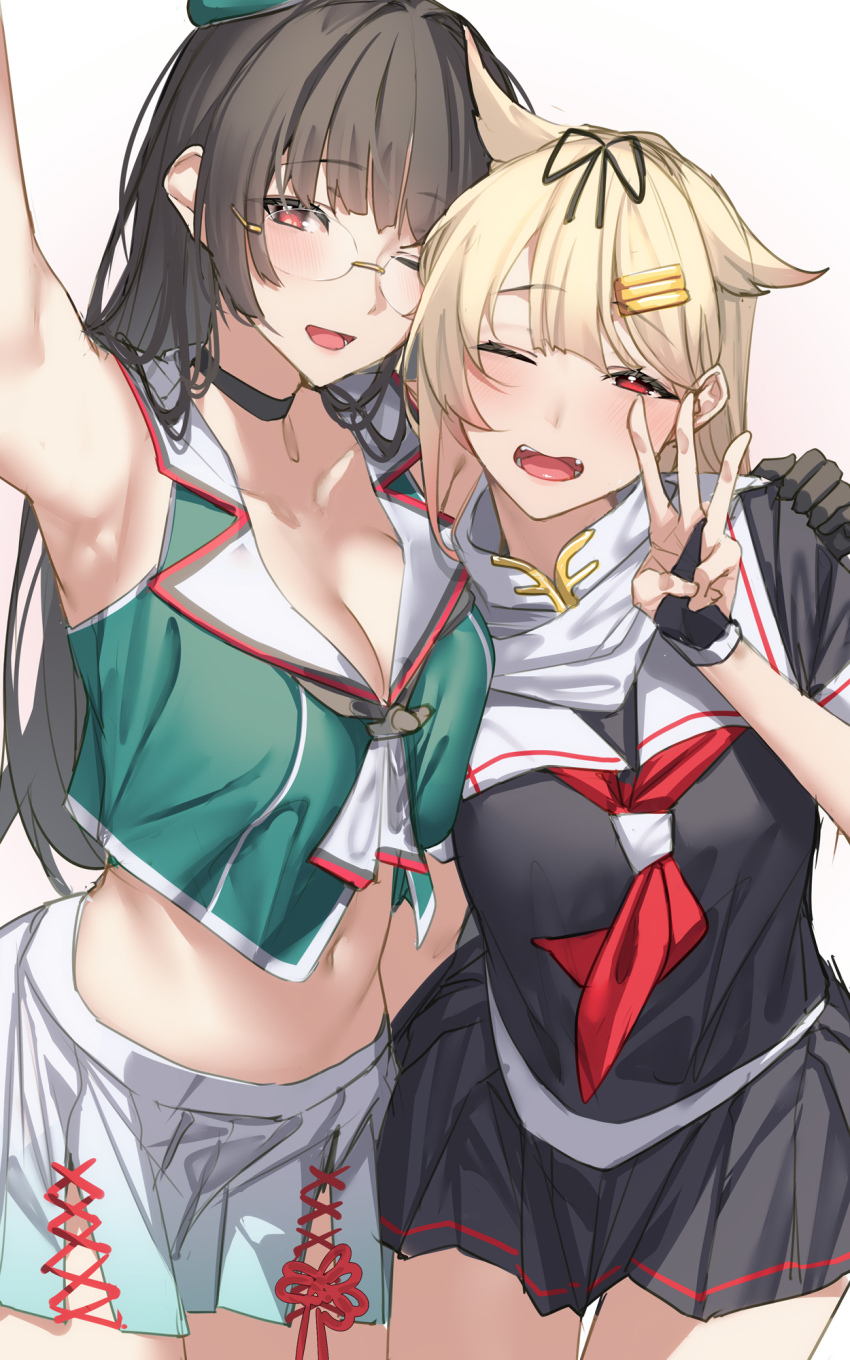 2girls armpits artist_request black_choker black_gloves black_hair black_ribbon black_serafuku black_skirt blonde_hair breasts choker choukai_(kancolle) choukai_kai_ni_(kancolle) cleavage crop_top fingerless_gloves glasses gloves hair_flaps hair_ornament hair_ribbon hairclip hat highres kantai_collection large_breasts long_hair looking_at_viewer medium_breasts miniskirt multiple_girls navel neckerchief one_eye_closed open_mouth pleated_skirt red_neckerchief ribbon sailor_collar scarf school_uniform second-party_source selfie serafuku skirt w white_background white_sailor_collar white_scarf yuudachi_(kancolle) yuudachi_kai_ni_(kancolle)