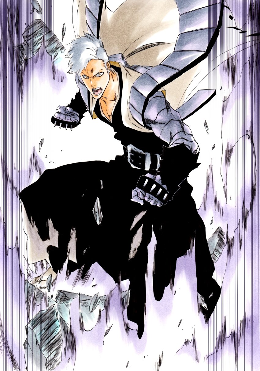 1boy absurdres angry bankai belt black_belt black_hakama black_kimono bleach bleach:_sennen_kessen-hen brown_eyes clenched_hands commission fighting_stance floating_clothes full_body grey_hair hakama haori highres japanese_clothes ken&#039;ichi_(ken1ro_u) kimono kubo_tite_(style) leaning_forward looking_at_viewer male_focus mature_male mohawk motion_lines muguruma_kensei muscular muscular_male official_style open_mouth rubble short_hair skeb_commission solo spiked_knuckles standing taichou_haori teeth tekken_tachikaze_(bankai) wide-eyed