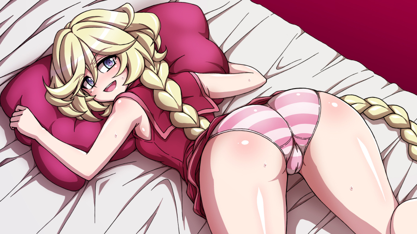 1girl ass blush braid braided_ponytail cameltoe carol_malus_dienheim cleft_of_venus commission dress from_behind highres hugging_object long_hair looking_at_viewer looking_back lying mole mole_under_eye on_stomach open_mouth panties pillow pillow_hug pixiv_commission red_dress senki_zesshou_symphogear shiny_skin short_dress smile solo striped_clothes striped_panties sweat underwear zetsumu