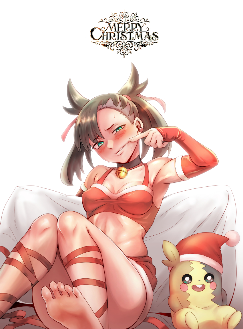 1girl absurdres barefoot black_hair blue_eyes blush creatures_(company) feet game_freak gen_8_pokemon highres leg_ribbon long_hair looking_at_viewer marnie_(pokemon) morpeko nintendo parted_lips pokemon pokemon_(creature) pokemon_swsh ribbon santa_costume sherrywn smile soles sweat toes