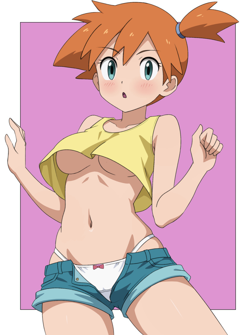 1girl absurdres bare_shoulders blush breasts commentary creatures_(company) denim denim_shorts english_commentary game_freak green_eyes highres medium_breasts midriff misty_(pokemon) mnkr98 navel nintendo no_bra open_fly open_mouth orange_hair panties pink_background pokemon pokemon_(anime) pokemon_(classic_anime) shirt short_hair shorts side_ponytail simple_background sleeveless sleeveless_shirt smile solo tank_top two-tone_background underboob underwear white_background white_panties yellow_shirt yellow_tank_top